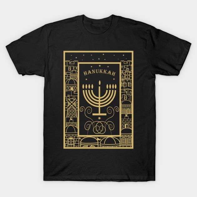 Happy Hanukkah Festival! Jewish Holiday Hanukkah Menorah traditional Chanukah Vintage gold pattern T-Shirt by sofiartmedia